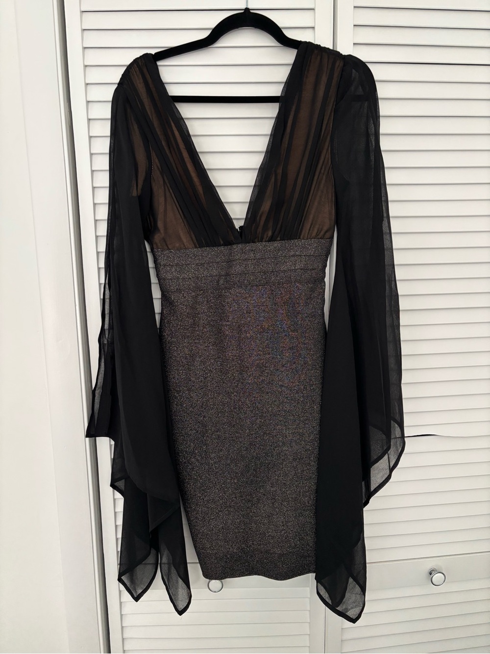WOW couture Black Sheer-Sleeve Metallic Bodycon Dress